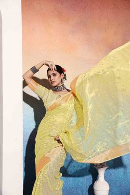 lime embroiderd tissue cotton silk blend saree with unstitched blouse piece 1