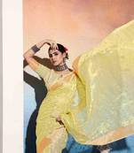 lime embroiderd tissue cotton silk blend saree with unstitched blouse piece