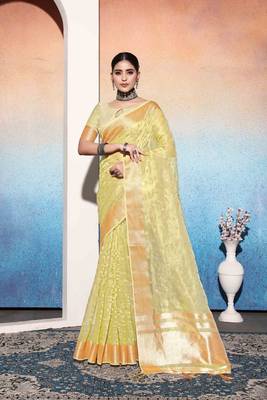 lime embroiderd tissue cotton silk blend saree with unstitched blouse piece 2