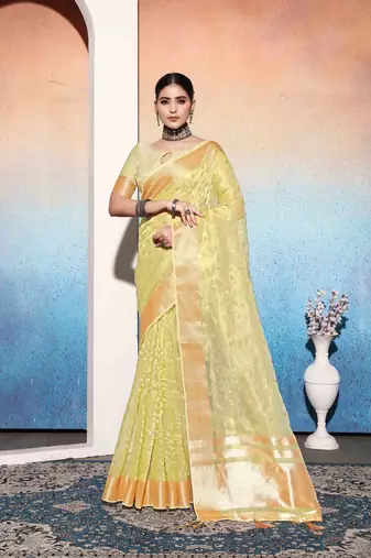 lime embroiderd tissue cotton silk blend saree with unstitched blouse piece