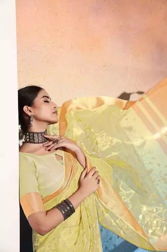 lime embroiderd tissue cotton silk blend saree with unstitched blouse piece