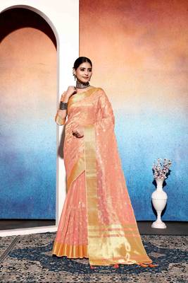 orange embroiderd tissue cotton silk blend saree with unstitched blouse piece 1