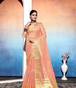 orange embroiderd tissue cotton silk blend saree with unstitched blouse piece