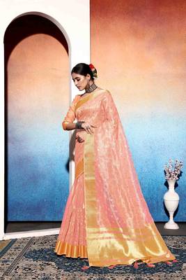 orange embroiderd tissue cotton silk blend saree with unstitched blouse piece 3