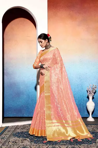 orange embroiderd tissue cotton silk blend saree with unstitched blouse piece