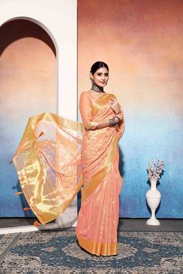 orange embroiderd tissue cotton silk blend saree with unstitched blouse piece 4