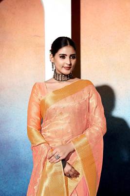 orange embroiderd tissue cotton silk blend saree with unstitched blouse piece 5