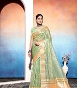 pista embroiderd tissue cotton silk blend saree with unstitched blouse piece