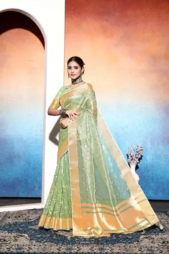 pista embroiderd tissue cotton silk blend saree with unstitched blouse piece