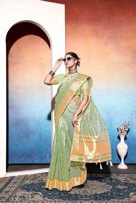 pista embroiderd tissue cotton silk blend saree with unstitched blouse piece 4