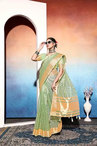 pista embroiderd tissue cotton silk blend saree with unstitched blouse piece