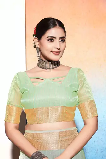 pista embroiderd tissue cotton silk blend saree with unstitched blouse piece
