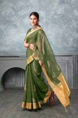 green tissue silk blend zari work saree with unstitched blouse piece 1
