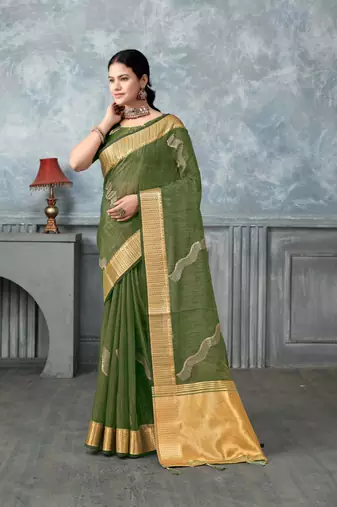 green tissue silk blend zari work saree with unstitched blouse piece
