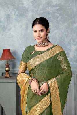 green tissue silk blend zari work saree with unstitched blouse piece 3