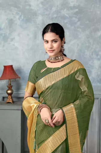 green tissue silk blend zari work saree with unstitched blouse piece