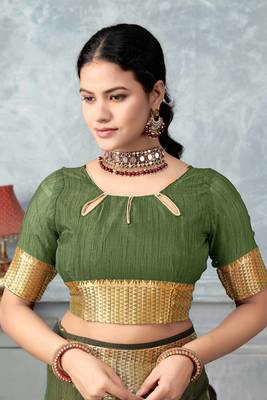 green tissue silk blend zari work saree with unstitched blouse piece 4