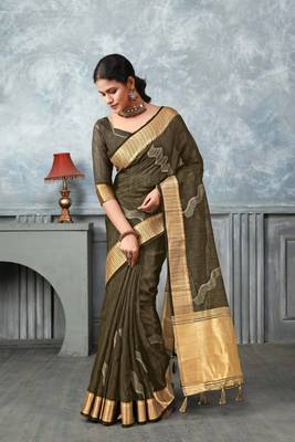 mehndi tissue silk blend zari work saree with unstitched blouse piece 1