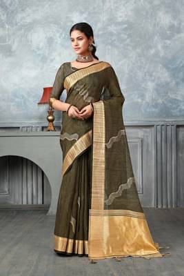 mehndi tissue silk blend zari work saree with unstitched blouse piece 2