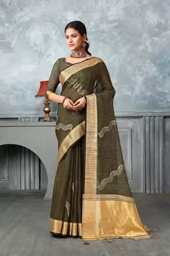 mehndi tissue silk blend zari work saree with unstitched blouse piece