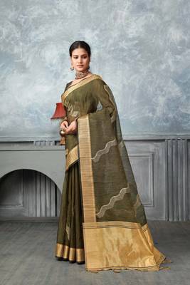mehndi tissue silk blend zari work saree with unstitched blouse piece 3