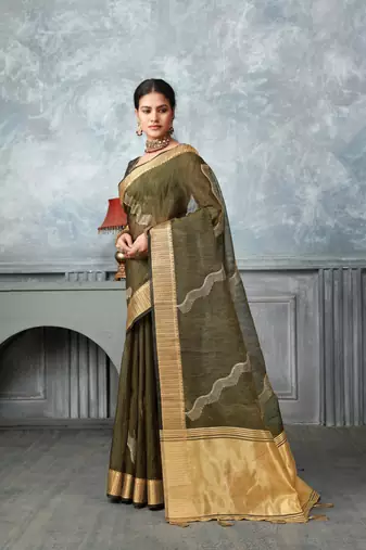 mehndi tissue silk blend zari work saree with unstitched blouse piece