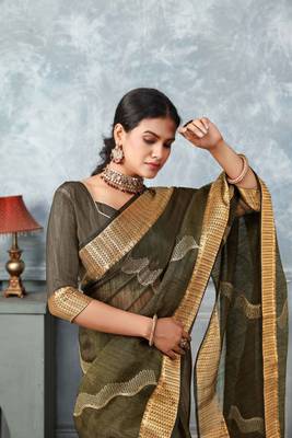 mehndi tissue silk blend zari work saree with unstitched blouse piece 4