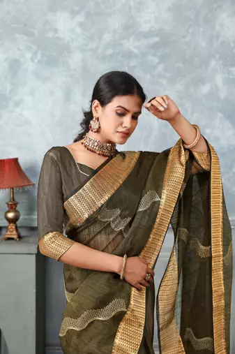 mehndi tissue silk blend zari work saree with unstitched blouse piece