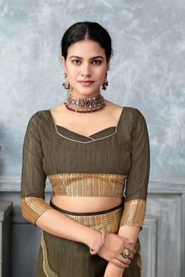 mehndi tissue silk blend zari work saree with unstitched blouse piece 5