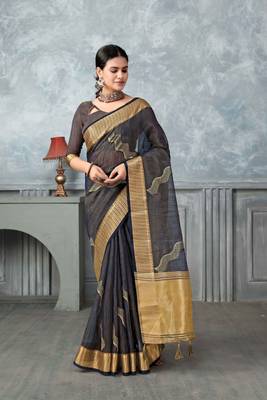 navy blue tissue silk blend zari work saree with unstitched blouse piece 1