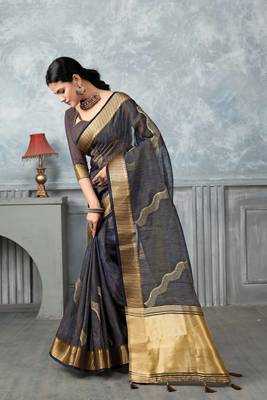 navy blue tissue silk blend zari work saree with unstitched blouse piece 2