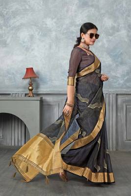 navy blue tissue silk blend zari work saree with unstitched blouse piece 3