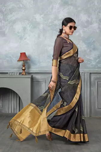 navy blue tissue silk blend zari work saree with unstitched blouse piece