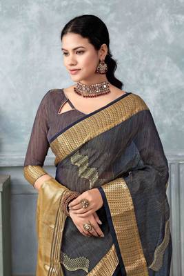 navy blue tissue silk blend zari work saree with unstitched blouse piece 4