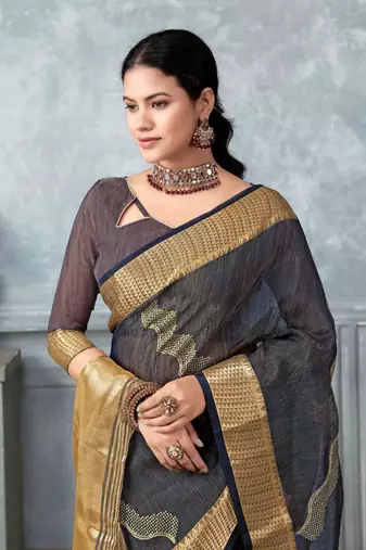 navy blue tissue silk blend zari work saree with unstitched blouse piece