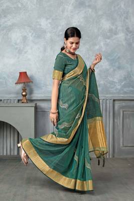 rama tissue silk blend zari work saree with unstitched blouse piece 2