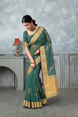 rama tissue silk blend zari work saree with unstitched blouse piece 3