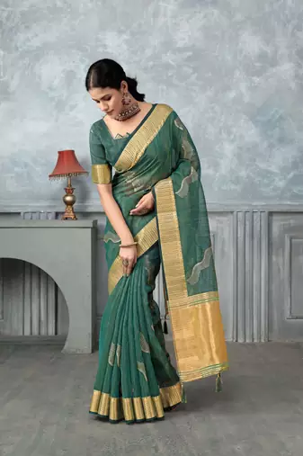 rama tissue silk blend zari work saree with unstitched blouse piece