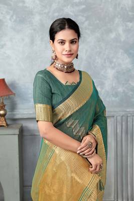 rama tissue silk blend zari work saree with unstitched blouse piece 4