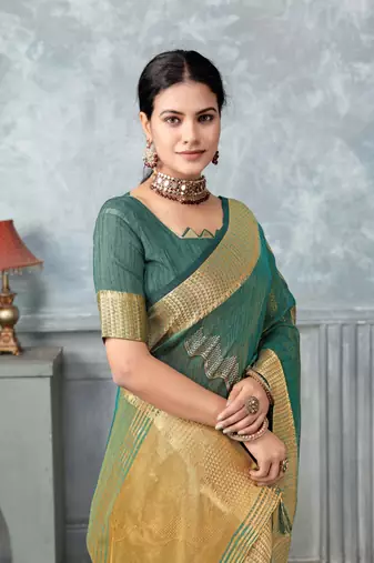 rama tissue silk blend zari work saree with unstitched blouse piece