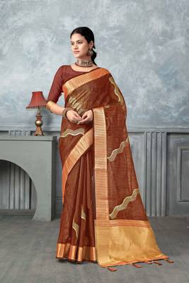 rust tissue silk blend zari work saree with unstitched blouse piece 1
