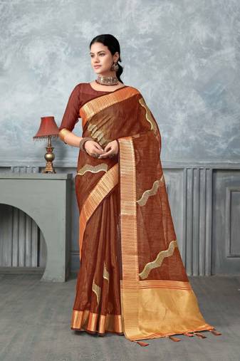 rust tissue silk blend zari work saree with unstitched blouse piece
