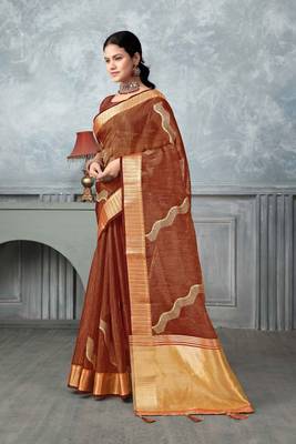 rust tissue silk blend zari work saree with unstitched blouse piece 2