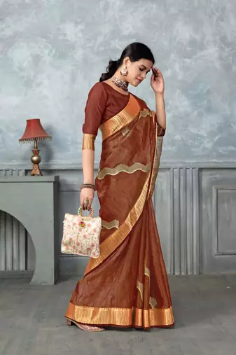 rust tissue silk blend zari work saree with unstitched blouse piece