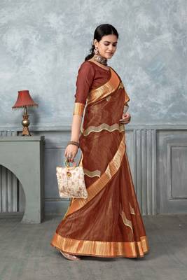 rust tissue silk blend zari work saree with unstitched blouse piece 4