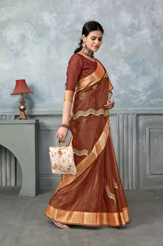 rust tissue silk blend zari work saree with unstitched blouse piece