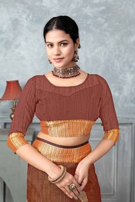 rust tissue silk blend zari work saree with unstitched blouse piece 5
