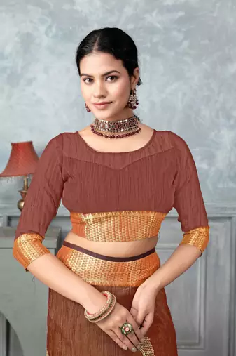 rust tissue silk blend zari work saree with unstitched blouse piece