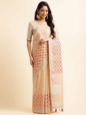 beige embroiderd pure cotton saree with unstitched blouse piece 1