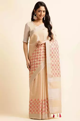 beige embroiderd pure cotton saree with unstitched blouse piece
